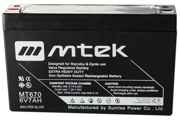 Batería  6V/   7.0Ah – MTEK MT670 AGM | 2405 - Batería de 6V/7.0Ah @ 20-Hr Rate plomo ácido regulada por válvula (VRLA), Sellada libre de mantenimiento, Tecnología Absorbent Glass Mat (AGM)