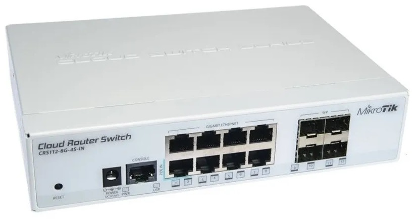 Switch  8-Puertos / MikroTik CRS112-8G-4S-IN | 2405 - Cloud Router Switch Capa 3, 8-Puertos de Red Gigabit, 4-Puertos SFP Gigabit, 1-Puerto Serial RJ45, PoE Pasivo, Procesador QCA8511 400MHz, Memoria RAM 128MB, Memoria de Almacenamiento 16MB
