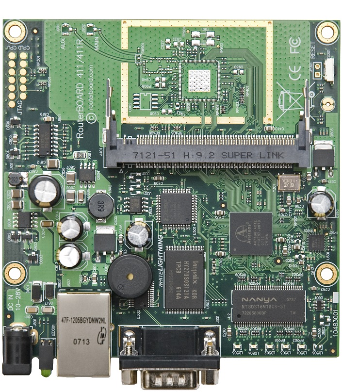 xx Board Router MikroTik RB411AH | 2206 - RB411AH / Board Router, CPU: AR7161 (1-Core 680 MHz), RAM: 64MB, 64MB NAND, 1x Ethernet 10/100, 1x MiniPCI slots, 1x RS232, PoE (10 – 28V), Consumo: 14 W, RouterOS