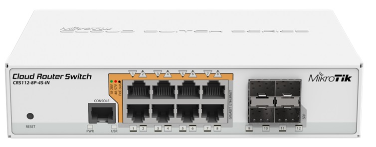 xx Switch PoE  8-Puertos – MikroTik CRS112-8P-4S-IN | Capa 3, 8x Puertos LAN Gigabit, 4x Puertos SFP, Memoria RAM 128MB, Memoria Flash 16MB, PoE Pasivo, Sistema Operativo: RouterOS, Tabla MAC: 16K, Jumbo Frame 9K, Hasta 4.000 VLAN concurrentes