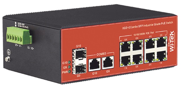 Switch Industrial PoE  8-Puertos / Witek WI-PS310GF-I | 2405 - Switch Industrial (PoE+ 150W) No Administrable, 8-Puertos 10/100/1000Mbps + 2-Puertos Combo LAN/SFP Gigabit), Capacidad de conmutación: 24Gbps, Rendimiento: 17.8 Mpps, MAC Address Table: 8K