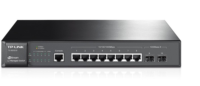 Switch  8-Puertos / TP-Link TL-SG3210 | 2405 - Switch administrable Capa 2, 8-Puertos LAN Gigabit, 2-Puertos SFP Gigabit, 1-Puerto de consola, Capacidad de conmutación: 20Gbps, Reenvío de Paquetes: 14.9Mpps, Tabla de MAC Address: 8K, Búfer: 4MB 