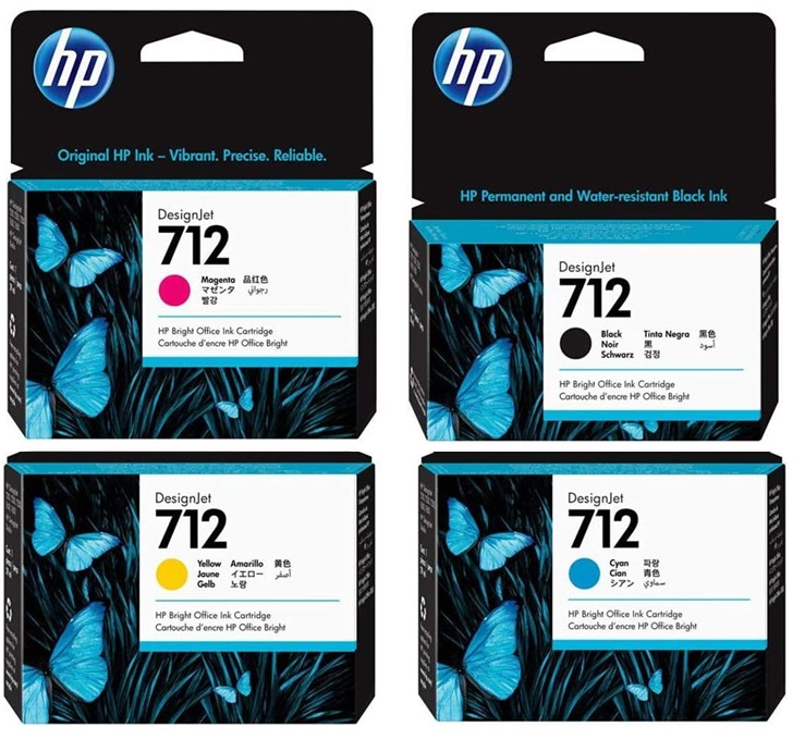 Tinta para HP T630 / HP 712 | 2402 - Tinta para Plotter HP DesignJet T630. El Kit incluye: 3ED67A Cian, 3ED68A Magenta, 3ED69A Amarillo, 3ED70A, 3ED71A Negro.