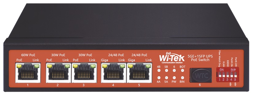 Switch Industrial PoE  5-Puertos / WI-TEK WI-PS306GF-UPS | 2405 - Switch No Administrable con funciones de controlador de paneles solares, 5-Puertos LAN Gigabit PoE+, 1-Puerto SFP, PoE Total 120W, Conmutacion 12Gbps, Procesamiento 8.9Mpps, MAC 2K