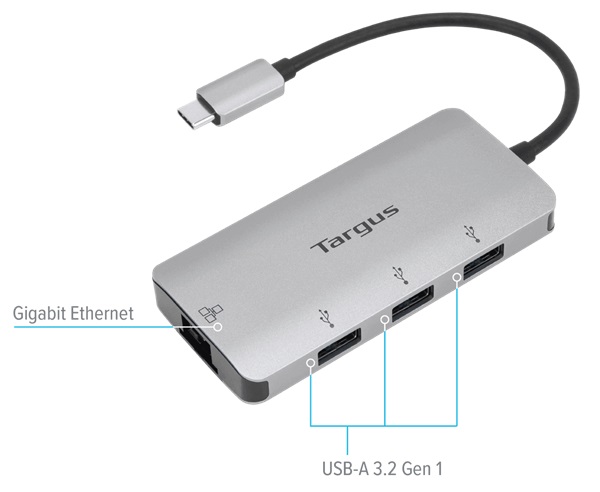 Adaptador Ethernet - Targus ACA959USZ-50BL / USB-C | 2108 - Convierta un puerto USB Tipo-C en 3-Puertos USB 3.2 Gen-1 Tipo-A SuperSpeed 5Gbps + 1-Puerto RJ45 Ethernet Gigabit. Los puertos USB-A 3.2 son compatibles con los periféricos USB 2.0