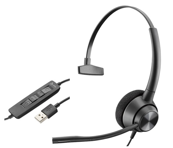 Diadema Monoaural USB – Poly Plantronics EncorePro 310 / 214568-01 | Auricular Monoaural para el servicio de atención al cliente, Conexión USB-A, Controles en el cable, Protección acústica y optimización de voz, Brazo de micrófono flexible, Micrófono