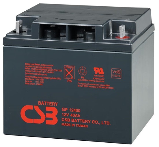 Baterias AGM 12V/40Ah - CSB GP12400 | 2110 - Bateria CSB Sellada libre de mantenimiento, Tecnología Absorbent Glass Mat (AGM), 12V/40Ah @ 20-Hr Rate, Larga vida y gran confiabilidad: Hasta 5 años en servicio en espera, Autodescarga
