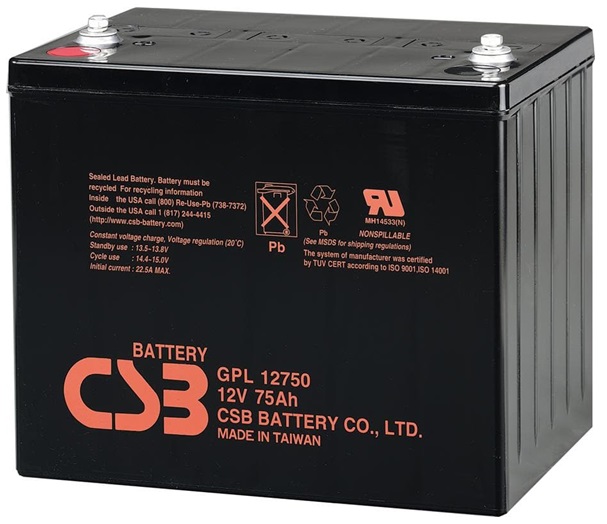 Baterias 12V/75Ah - CSB GPL12750 AGM | 2110 - Bateria CSB GPL 12750 / Tecnología Absorbent Glass Mat (AGM), 12V/75Ah @ 20-Hr Rate, Larga vida y gran confiabilidad, Baja autodescarga: Menos del 10% después de 90 días