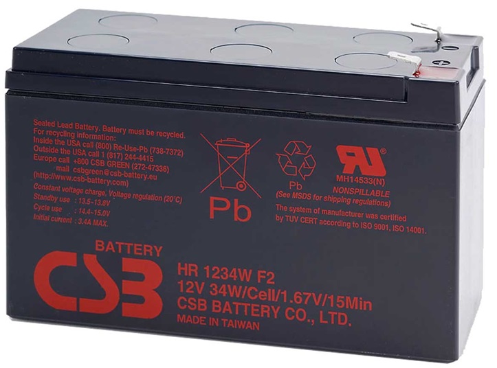 Baterias AGM 12V/9Ah - CSB HR1234WF2 | 2110 - Bateria CSB Sellada Libre de Mantenimiento, 12 Voltios x 9 Amperios, Dimensiones: 151 x 98 x 65 mm, Peso Aproximado 2.5Kg (5.52 lbs) ± 5%, Certificación ISO 9001:2008 e ISO 14001: 2004