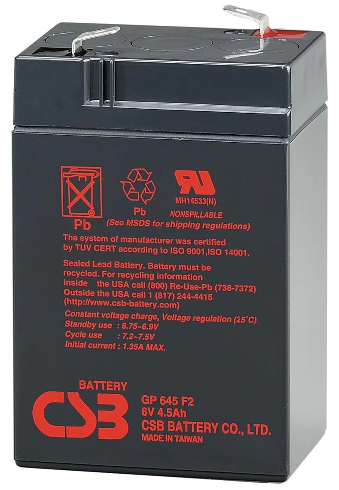 Bateria  6V/  4.5Ah – CSB GP 645 F2 AGM | 2304 - Batería de plomo ácido regulada por válvula, 6V/4.5h @ 20-Hr Rate, Tecnología Absorbent Glass Mat (AGM), Terminal: F1/F2-Faston Tab187/250, Material del contenedor: ABS (UL94-HB)