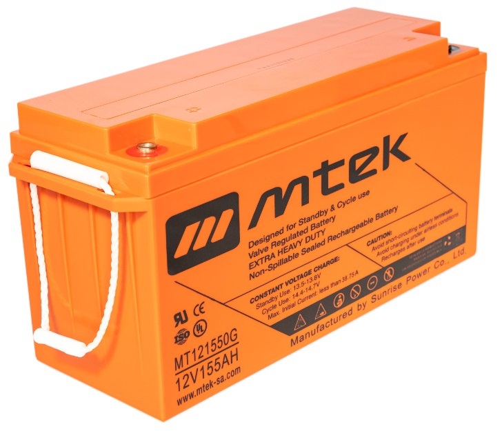 Batería GEL 12V/155Ah – MTEK MT121550G | 2110 - Baterías MTek de Plomo-Acido para Sistemas Solares & Eólicos, Regulada por válvula (VRLA), Sellada libre de mantenimiento 