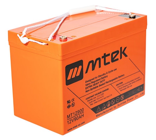 Batería 12V/  90Ah - MTEK MT12900 AGM | 2212 - Batería de plomo ácido regulada por válvula (VRLA), Sellada libre de mantenimiento, Tecnología Absorbent Glass Mat (AGM), 12V/90Ah @ 20-Hr Rate, Tipo de Trminal: Cobre T5/T9, Material: Resina ABS