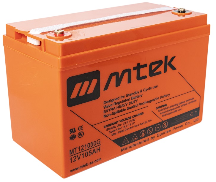 Batería GEL 12V/105Ah – MTEK MT121050G  | 2110 - Batería de plomo ácido regulada por válvula (VRLA), Sellada libre de mantenimiento, Tecnología GEL de Ciclo Profundo, 12V/105Ah @ 20-Hr Rate. Larga vida y gran confiabilidad