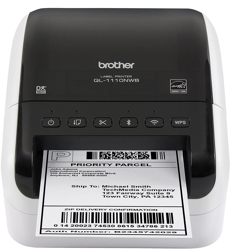 Impresora Brother QL1110NWB | 2201 - Impresora de etiquetas, Térmica directa, Ancho: 102 mm, Resolución: 300 x 300 dpi, Velocidad: 69 etiquetas por minuto, Plantillas datos: 255, Bluetooth, USB Host, USB, Wireless (b/g/n), Red