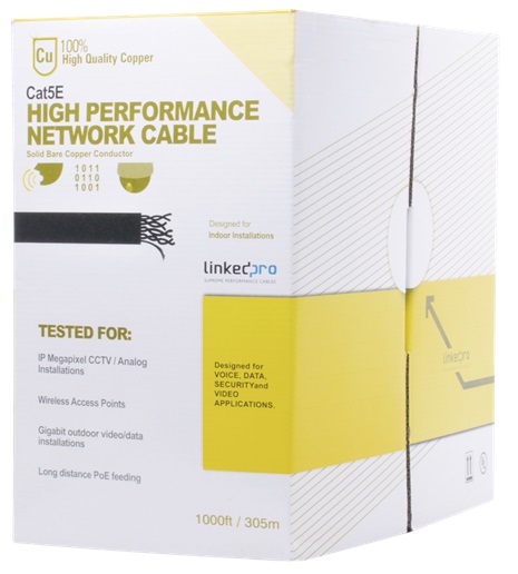 Cable UTP Categoria 5e - Linkedpro PRO-CAT-5E / Interior | Caja x 305m, Color Gris, Certificación UL, 100% Cobre, Calibre 24, Color Gris, Aislamiento PVC, Sin Blindaje  