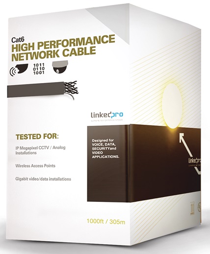 Cable UTP Categoria 6A - Linkedpro PRO-CAT-6A / Interior | Caja x 305m, 100% Cobre, Calibre 23, Color Azul, Aislamiento PVC, Diámetro 7.8mm, Hasta 10 Gbps