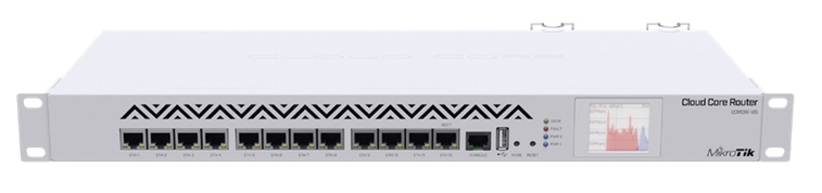 Router MikroTik CCR1016-12G / 12-Port | 2309 - CCR1016-12G /Cloud Core Router de grado Industrial con 12-Puertos Ethernet Gigabit, 1-Puerto USB, 1-Puerto Serial RJ-45, Procesador TLR4-01680 16-Core 1200Mhz, Memoria RAM 2GB, Memoria de almacenamiento 512MB