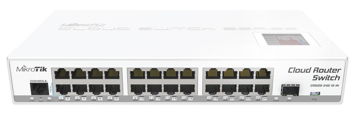  Switch 24-Puertos - MikroTik CRS125-24G-1S-IN | Cloud Router Switch Capa 3 con 24-Puertos de Red Gigabit, 1-Puerto SFP Gigabit, 1-Puerto Serial RJ45, 1-Puerto USB, PoE Pasivo, Procesador AR9344 600MHz, Memoria RAM 128MB, Memoria de Almacenamiento 128MB