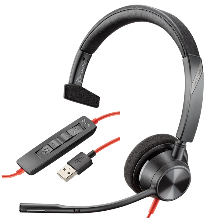 Diadema Monoaural USB – Poly Plantronics Blackwire 3310 / 212703-101 | 2109 - Auricular Monoaural con diseño moderno, Fácil de usar, Intuitivo y Elegante, Conexión USB-A, Controles en el cable, Protección auditiva 118dBi, Optimización de voz
