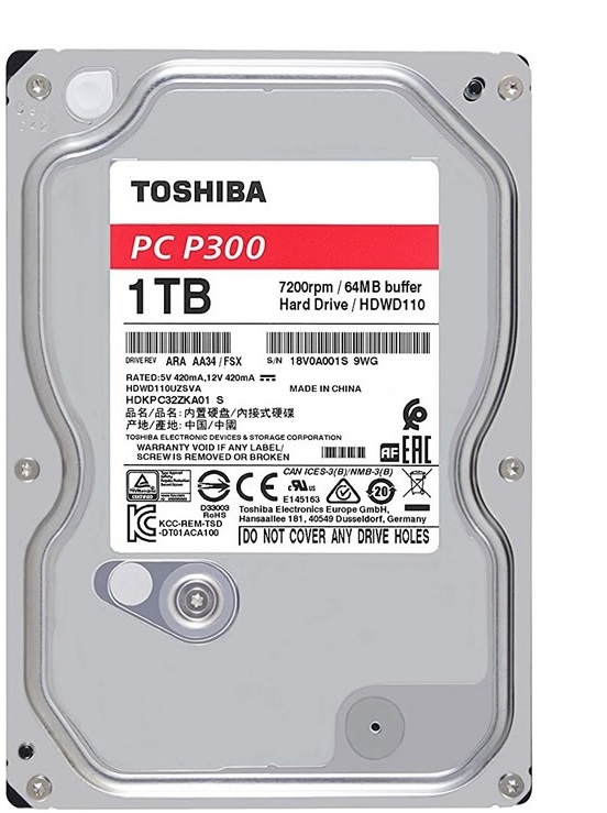Disco Duro para PC - Toshiba P300 / 1TB | 2108 – Disco HDD, Formato 3.5'', Tecnología SATA III, 6GB/s, Velocidad de rotación 7200 rpm, Búfer 64MB, 300.000 Ciclos carga/descarga, HDWD110UZSVA