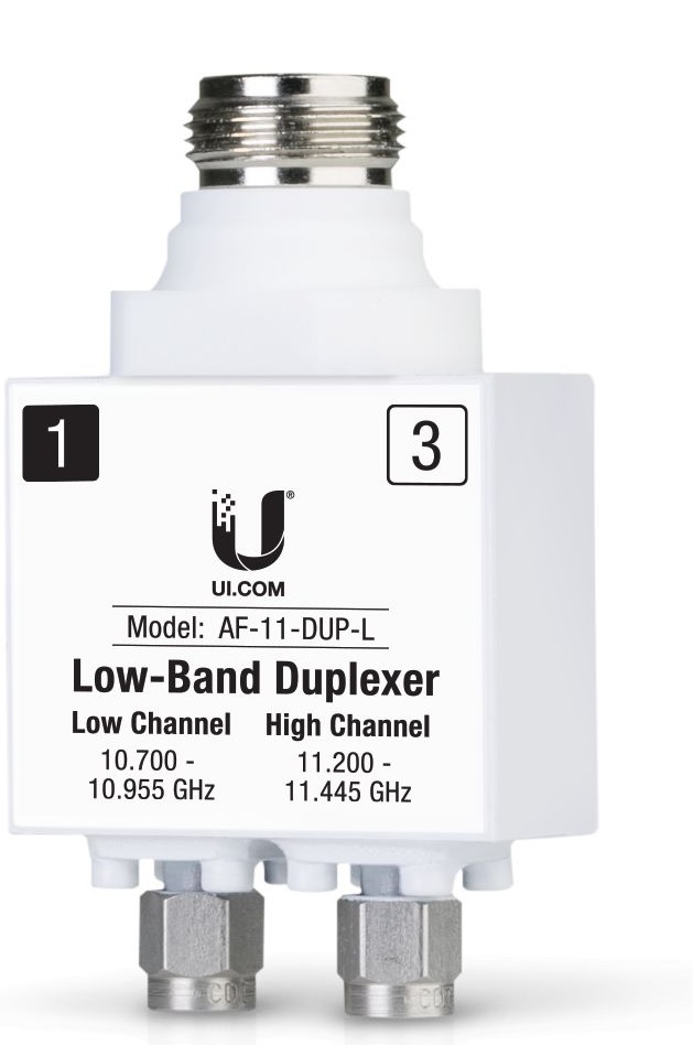 Duplexor para AF-11FX / Ubiquiti AF-11FX-DUP-L | Canal bajo: 10.700 - 10.955 GHz, Canal alto: 11.200 - 11.445 GHz, 2x Conectores, Color: Plata - Blanco, Dúplex, OM3