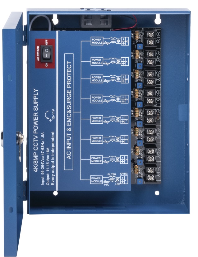Fuente de poder – EPCOM HEAVY DUTY / XP8-DC-16-4KV | 2112 – Fuente de Poder, Canal de salida:  8 vías, Voltaje de salida: 11.5 - 15 VDC, Corriente nominal: 16A, Potencia nominal: 240W, Voltaje de salida ADJ: 11.5-15VDC, Voltaje de entrada: 110-220 VCA