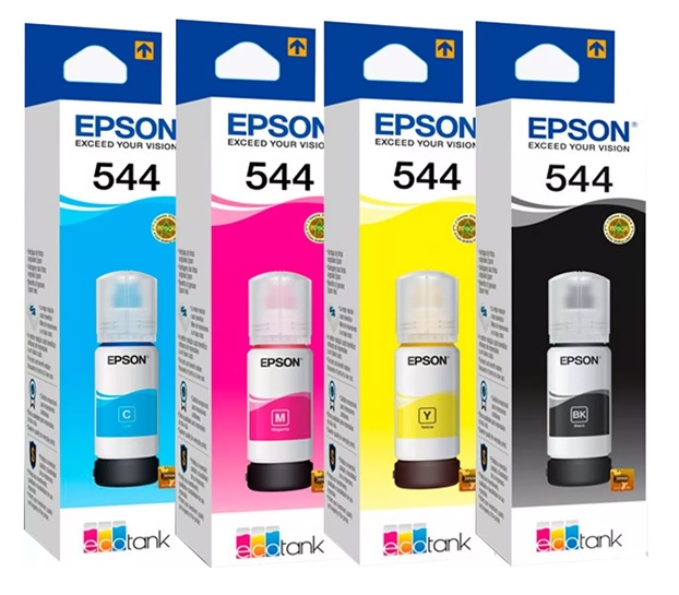 Tinta para Epson EcoTank L3160 / T544 65ml | 2110 - Tinta Original Epson 544 - El Kit incluye: T544120 Negra, T544220 Cian, T544320 Magenta, T544420 Amarilla. Rendimiento: Color 7500 Pág / Negro 4500 Pág.  