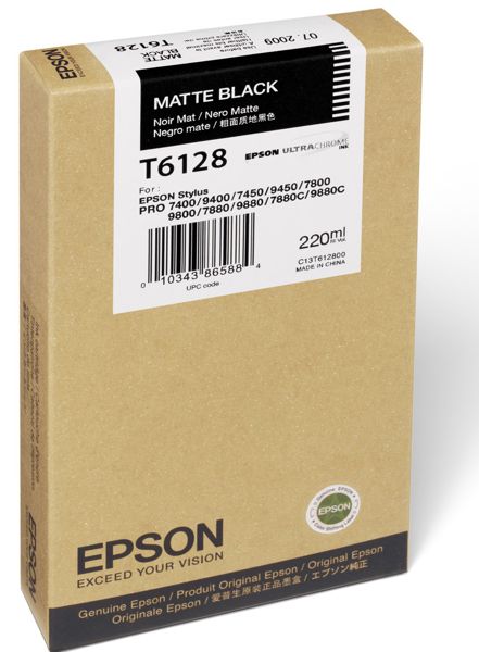 Tinta Epson T612800 Negro Mate / 220ml | 2110 - Tinta Original Epson UltraChrome T6128 Matte Black para Plotters Epson Stylus Pro 