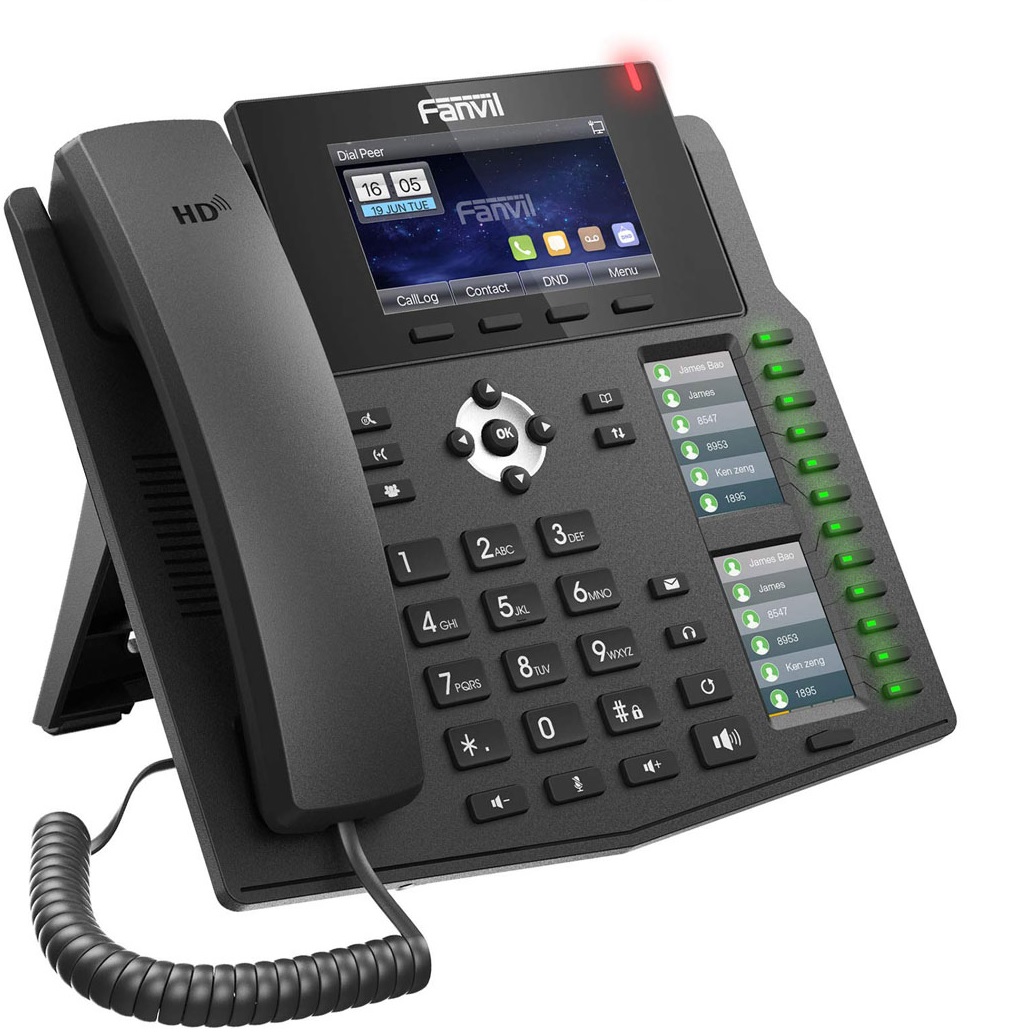 Teléfono IP – Fanvil X6 / 20 Líneas SIP | 2110 - Teléfono IP empresarial, 20 líneas SIP, Voz HD, PoE, 3 pantallas LCD (Principal 4.3’’ + 2x DSS 2.4’’), Auricular (HS), Manos libres (HF), Auriculares (HP), 46 teclas, 2x Ethernet Gigabit