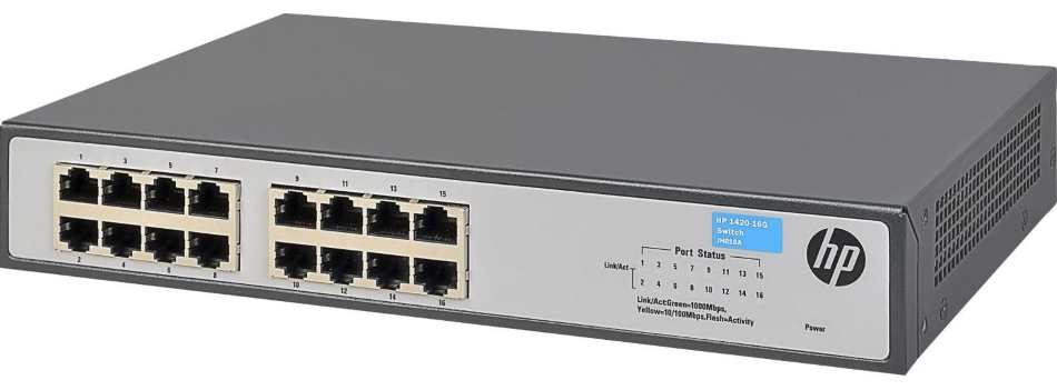 Switch 16 Puertos - HPE Aruba 1420 / JH016A | 2301 -  Switch No Administrable con 16-Puertos LAN Gigabit, Capa 2, Conmutación 32Gbps, Procesamiento 23.8Mpps, Memoria búfer 512KB, Memoria Flash 1MB, Latencia 100 Mb < 8 µs, Latencia 1000 Mb < 16 µs