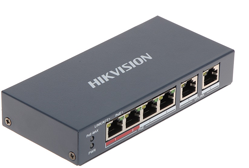  Switch 6-puertos - Hikvision DS-3E0106P-E/M | 2202 – Switch 6-port No administrable, Capa 2, Puertos: 4x PoE de 10/100 Mbps / 2x 10/100 Mbps, Conmutación de almacenamiento y avance, MAC: 4K, Conmutación: 1.6 Gbps, Búfer de datos: 768 Kbits