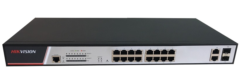  Switch 18-puertos - Hikvision DS-3E2318P | 2202 – Switch 18-port, Administrable, Capa 2, Puertos: 16x PoE de 10/100 Mbps + 2x SFP, MAC: 8K, Conmutación: 21.2 Gbps, Reenvío: 8.4 Mpps, VLAN: 4K VLAN/ GVRP/ QinQ/ VLAN privada