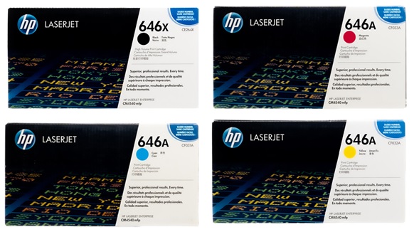 Toner para HP LaserJet CM4540 / HP 646A & 646X | 2203 - Toner Original HP 646A & 646X. El Kit incluye CE264X Negro, CF031A Cian, CF032A Amarillo, CF033A Magenta. Rendimiento Estimado: Negro 17.000 Páginas / Color 12.500 Páginas al 5%. 
