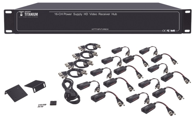 Kit Premium 16-Canales Epcom KITTT16PVTURBOX | Kit de 16 canales para enviar Voltaje (12VCD) y Video (HD-TVI) a grandes distancias (200 mts en 4K, 300 mts en 5MP), Todo incluido para Rack, Volatje de entrada 110-220 VCA/60Hz, Consumo 150W, Voltaje