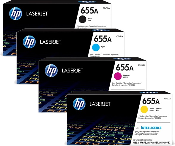 Toner para HP LaserJet M682/ HP 655A | Original Toner HP 655A. El Kit Incluye: CF450A Negro, CF451A Cyan, CF452A Amarillo, CF453A Magenta. Rendimiento Estimado: Negro 12.500 Pág. / Color 10.500 Pág. al 5%. M682z 