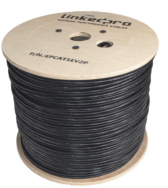Cable UTP Cat5e – LinkedPro EP-CAT-5E-V2P / 305mts | 2112 - Bobina de cable Cat5e CCA + 2 Cables de Alimentación, Color: Negro, Longitud: 305 m, Uso: Exterior, Aluminio revestido de cobre, AWG: 24 y 16, Diámetro: 0.51 mm, Aislamiento: PE