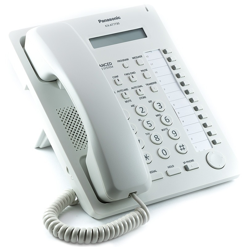 Telefono Conmutador | Panasonic KX-AT7730 | Pantalla de 16 caracteres en una LCD de 1 línea, 12 teclas de función programables con LED de dos colores, Indicador luminoso de mensaje y tono, Tecla de navegación, Altavoz del teléfono. Garantía 1 Año