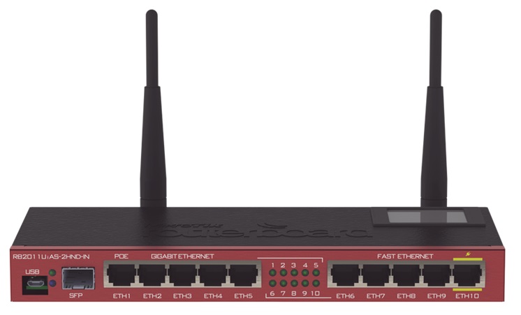 RouterBoard 10-Puertos – MikroTik RB2011UIAS-2HND-IN | 2204 - Router 5-Puertos de Red Gigabit, 5-Puertos de Red 10/100, 1-Puerto SFP, 1-Puerto USB, 1-Puerto Serial RJ45, Estándar Inalámbrico 802.11n, Banda de 2.4Ghz, 2-Antenas 4dBi, Procesador 600Mhz