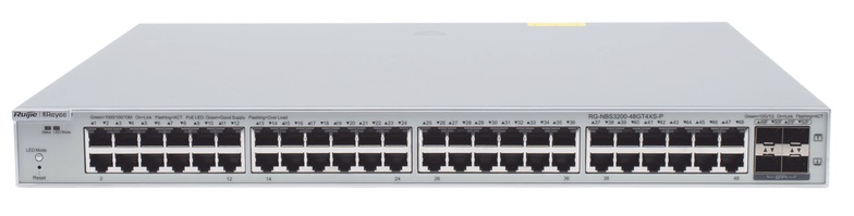 Switch PoE 48-Puertos - Ruijie RG-NBS3200-48GT4XS-P | 2211 - Switch administrable con funciones capa L2 multiservicio, 48-Puertos LAN Gigabit PoE+, 4-Puertos SFP+ 10GBase-X, Presupuesto PoE 370W (802.3af & 802.3at), Capacidad de conmutación: 336 Gbps