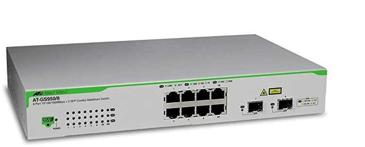  Switch 8 Puertos - Allied Telesis AT-GS950/8-10 | 2111 - WebSmart Switch, Administrable, 8-Puertos LAN Gigabit (2 x Combo), 2-Puertos SFP Gigabit (Combo), Tasa de reenvío: 11.90 Mpps, Capacidad de conmutación: 16 Gbps, Interfaz gráfica de usuario (GUI)