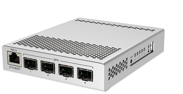 Switch SFP+ 4-Port 10G - MikroTik CRS305 | 2110 - Switch Administrable con 4-Puertos SFP+ 10G, 1-Puerto Ethernet Gigabit, Procesador ARM 98DX3236 32 bits (1-Core / 800Mhz), Memoria RAM: 512MB, Memoria de Almacenamiento: 16MB, PoE in: 802.3af/at
