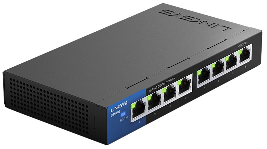 Switch 8 Puertos – Linksys LGS108 | 2211 - Switch Gigabit No Administrable con 8-Puertos LAN Gigabit, Funciones de Capa 2, Capacidad de conmutación: 16 Gbps, Capacidad de Procesamiento: 1.48 Mpps, Tabla de direcciones MAC: 8K