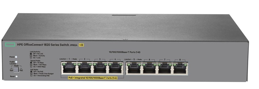 Switch PoE  8-Puertos - HP OfficeConnect 1820 / J9982A | 2110 - Conmutador HP 1820, Administrable Capa 2, 8-Puertos LAN Gigabit (4-PoE), Presupuesto PoE 65W, Auto-MDIX, Rendimiento 11.9 Mpps, Conmutación 16 Gbps, Tabla MAC 8K, Jumbo Frame 9K 