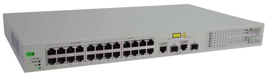  Switch PoE 24-Puertos - Allied Telesis AT-FS750/28PS-10 | 2110 - Switch PoE Administrable Capa 2, 24-Puertos LAN 10/100 Mbps (PoE+ 193W), 2-Puertos LAN Gigabit, 2-Puertos SFP Combo Gigabit, Tasa de reenvío: 9.5 Mpps, Capacidad de conmutación: 12.8 Gbps