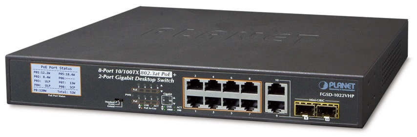 Switch PoE  8-Puertos – Planet FGSD-1022VHP | 2211 - Switch No Administrable con funciones de capa L2, Optimizado para Videovigilancia IP, 8-Puertos LAN 10/100 PoE+, 2-Puertos LAN Gigabit, 2-Puertos LAN/SFP Gigabit, Presupuesto PoE 120W