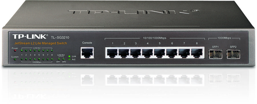  Switch  8-Puertos - TP-Link TL-SG3210 / T2500G-10TS | Administrable Capa 2, 8-Lan Port Gigabit, 2 SFP Port Gigabit JetStream, VLAN, QoS, IP MAC, CLI, SNMP, RMON, ACL, Encriptacion SSL o SSH. 3 Años de Garantía