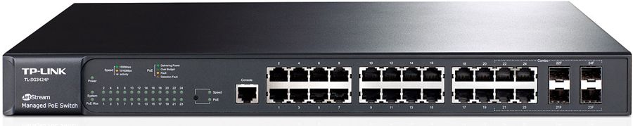  Switch PoE 24-Puertos - TP-Link T2600G-28MPS | Administrable Capa 2, 24 Lan Port Gigabit JetStream (PoE+ 320W) , 4 SFP Port Gigabit, QoS, VLAN, IPv6, IP-MAC, Snooping DHCP, WEB/CLI, RMON, SNMP. 4 Años de Garantía