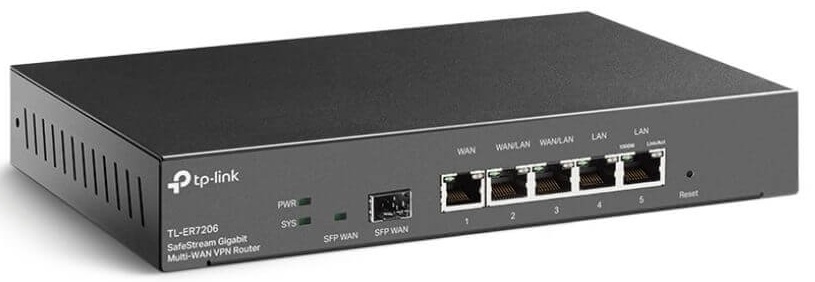 Router VPN – TP-Link TL-ER7206 | 2109 - Router VPN Multi-WAN, Balanceo de Carga, 1-Puerto fijo WAN Gigabit SFP, 1-Puerto WAN Gigabit RJ-45 fijo, 2-Puertos LAN Gigabit RJ45 fijos, 2-Puertos Gigabit RJ45 WAN/LAN intercambiables, Memoria RAM: 512MB