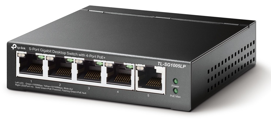 Switch PoE TP-Link TL-SG1005LP / 5-Puertos | 2205 - Switch PoE TP-Link TL-SG1005LP / 5-Puertos Switch Gigabit Profesional de 5-Puertos LAN Gigabit (4-Puertos PoE+), Presupuesto total PoE: 40W, Admite hasta 30W en cada puerto PoE, Plug and Play