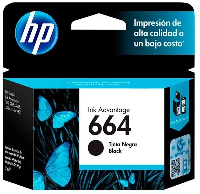 Tinta HP 664 F6V29AL Negro / 0.12k | 2301 - Cartucho de Tinta Original HP F6V29AL Negro. Rendimiento 120 Páginas al 5%.